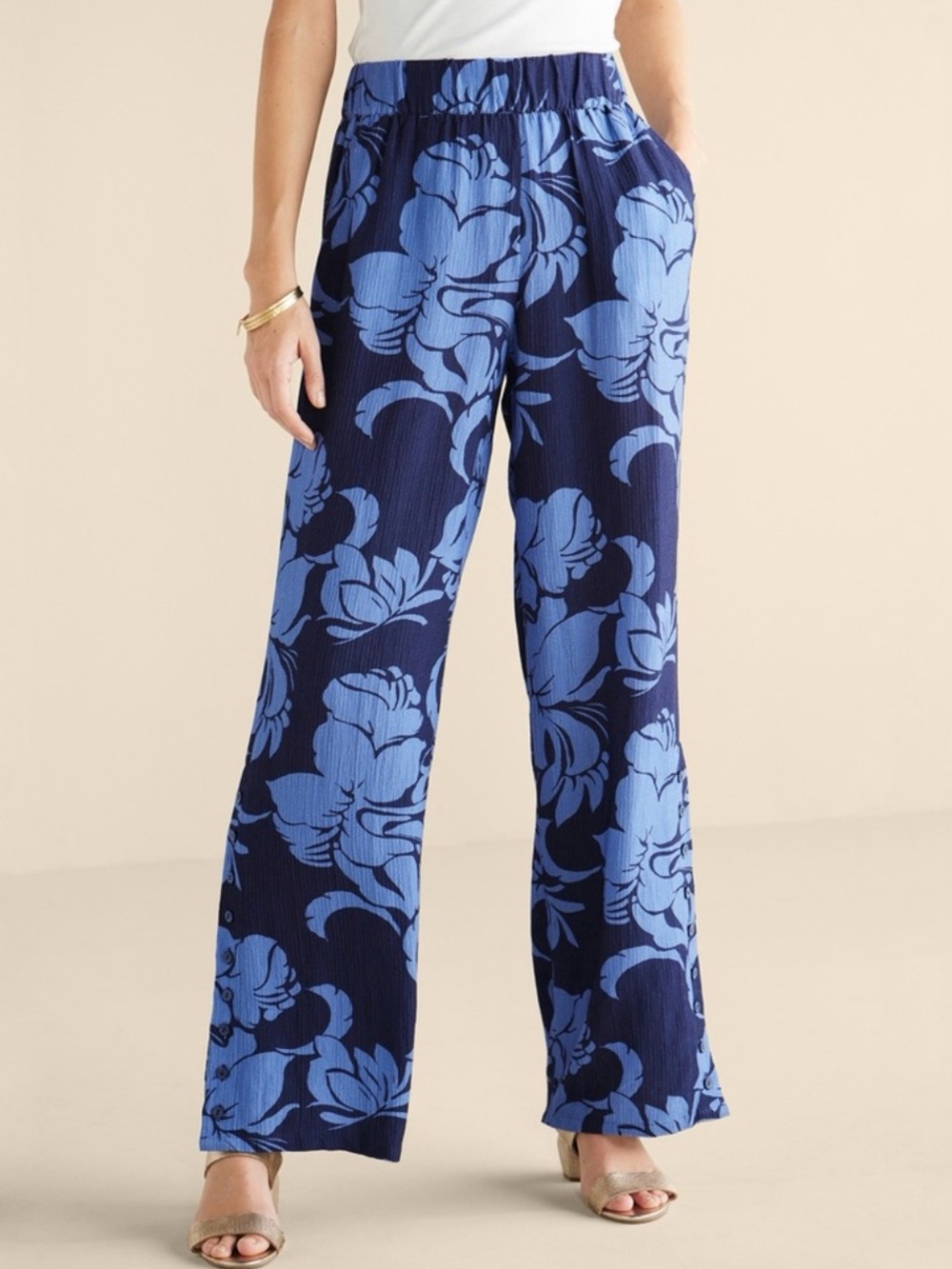 NWT Soft Surroundings Oceo Crinkle Gauze Wide Leg Blue Floral Pants Size 1X